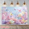 2D Pastel Aesthetic Banner, Hydrangea Garden with Colorful Butterflies