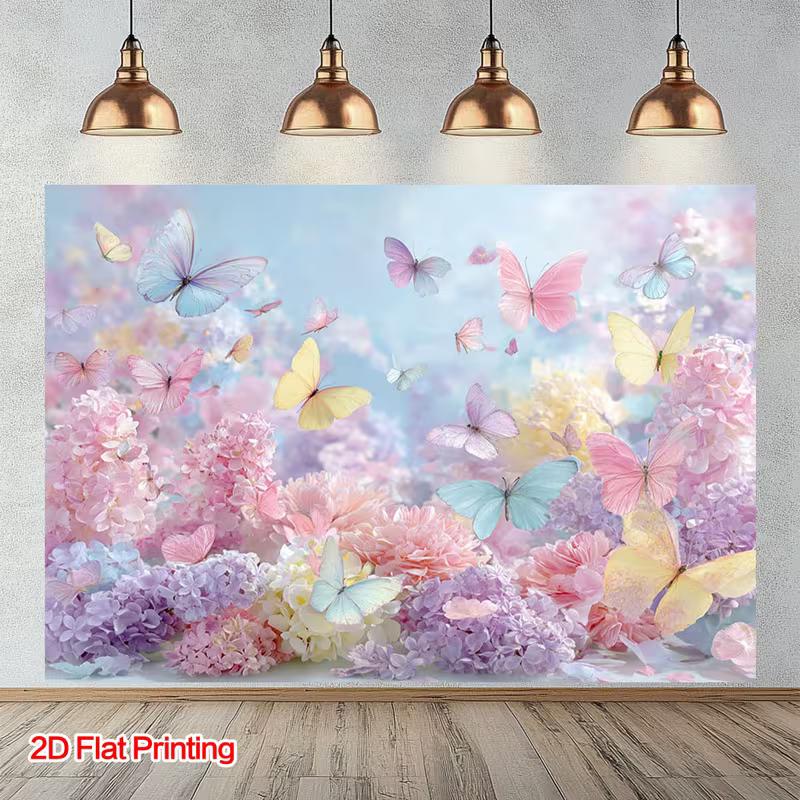 2D Pastel Aesthetic Banner, Hydrangea Garden with Colorful Butterflies