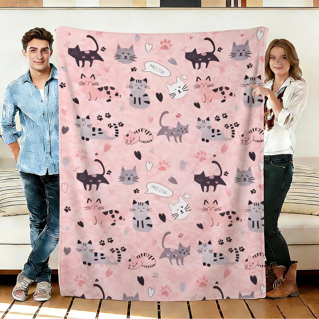 Pink Cat Flannel Blanket Cute Paw Print Kawaii Hearts Throw for Sofa Gift Decor