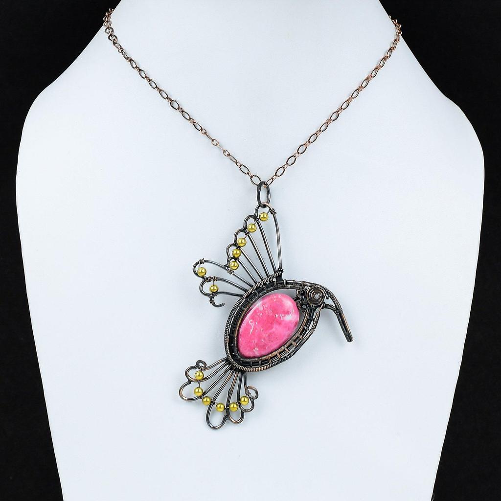 Кулон из тулита, кулон в медной проволоке, кулон из настоящего драгоценного камня, ювелирные изделия из тулита, кулон ручной работы, медный ювелирный подарок для нее, кулон с птицей