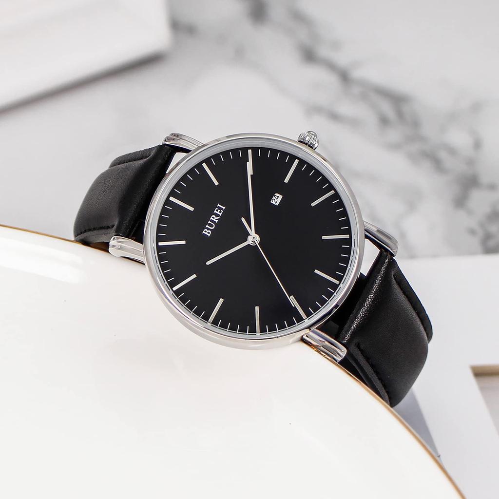 Simple Stylish Brand Popular Ultra Thin Lightweight Analog Watch Business Waterproof Quartz Arm Watch [BUREI] Men's Men's Silver-Black