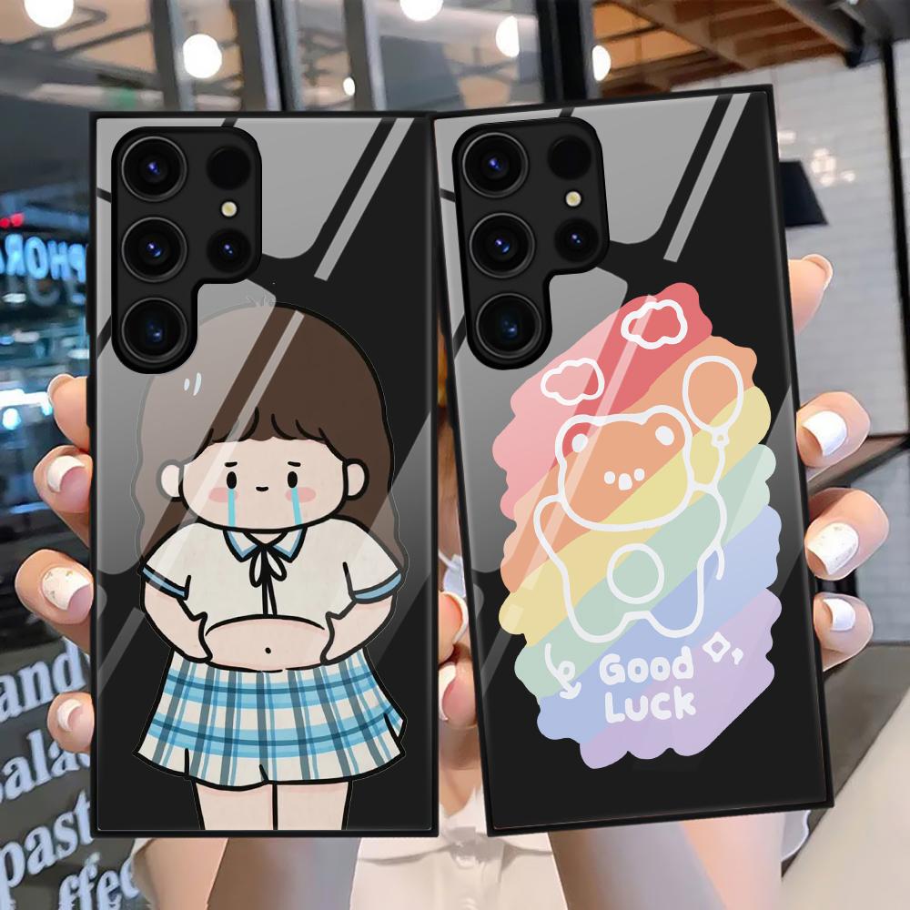 Милый чехол для телефона для девочек Samsung Galaxy S22 Plus Ultra, стеклянные чехлы с героями мультфильмов для Galaxy S20 Fe S21ultra S23plus S21fe, черный чехол