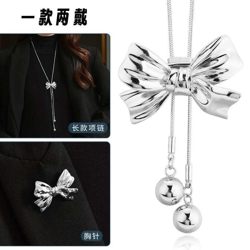 One And Two Autumn And Winter Sweater Chains Are Bow Tassel Long Necklace Temperament Brooch.