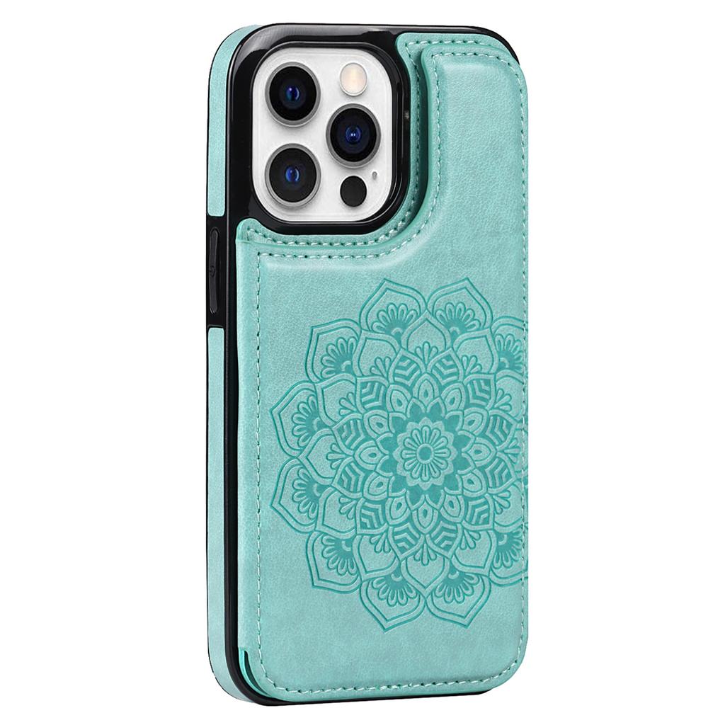 For iPhone 15 Pro Cell Phone Case Imprinted Mandala Flower PU Leather+TPU Anti-fall Cover