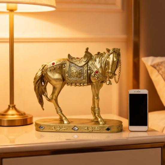 Retro Horse Statue Desktop Artistic Horse Figurine with Base Golden Painted Resin Horse Sculpture for Shelf Mantel Cabinet Display