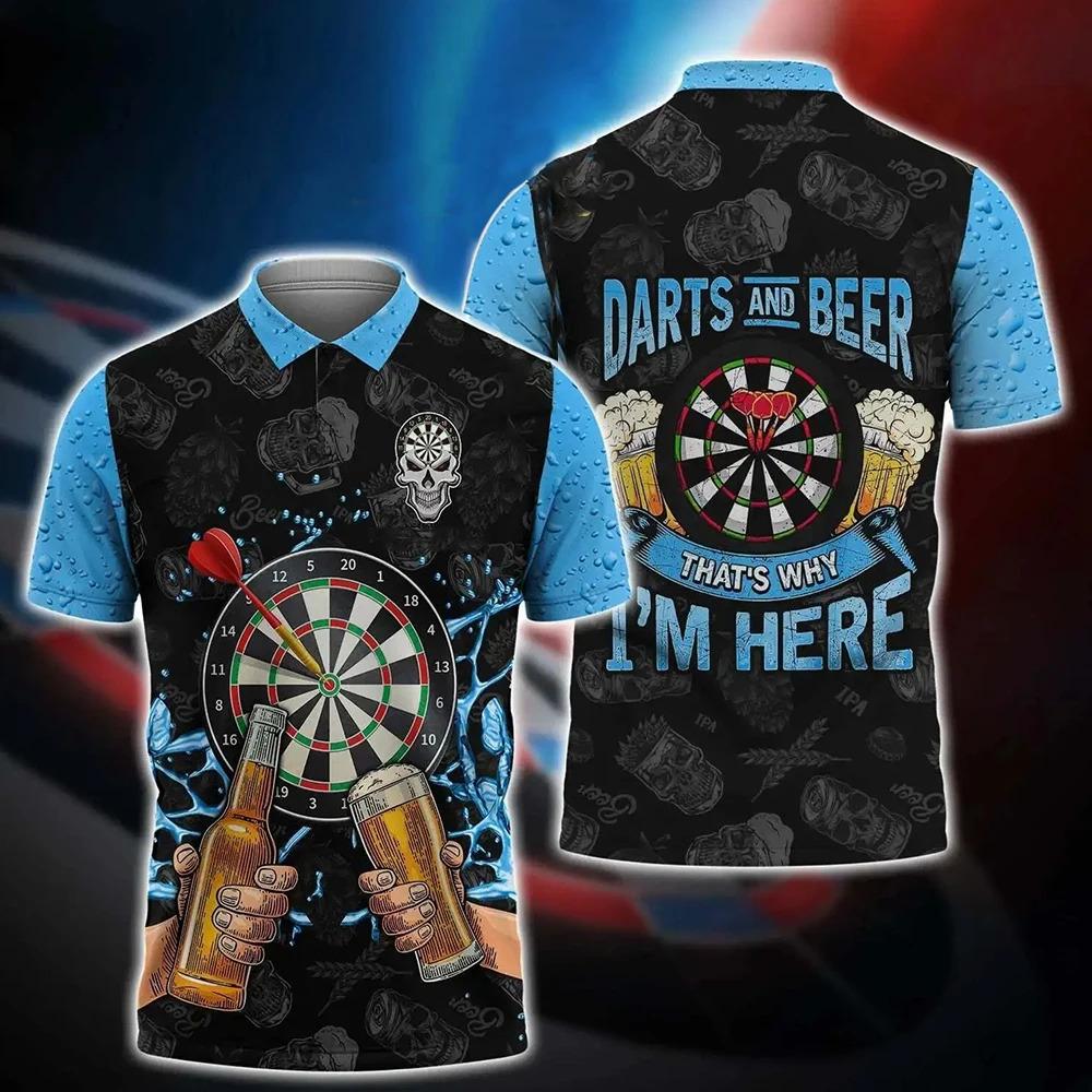 2025 New Aldult POLO Summer Entertainment Blue Darts and Beer Polo Shirt, Sourced, 3D Printed Casual Darts Shirt Boy