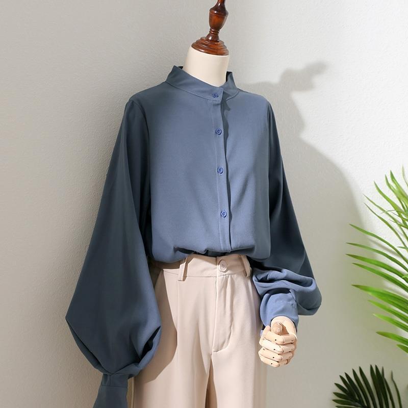 Белая рубашка с рукавами-фонариками, женская матовая рубашка с длинными рукавами, корейская мода, свободная рубашка с воротником-стойкой и объемными рукавами