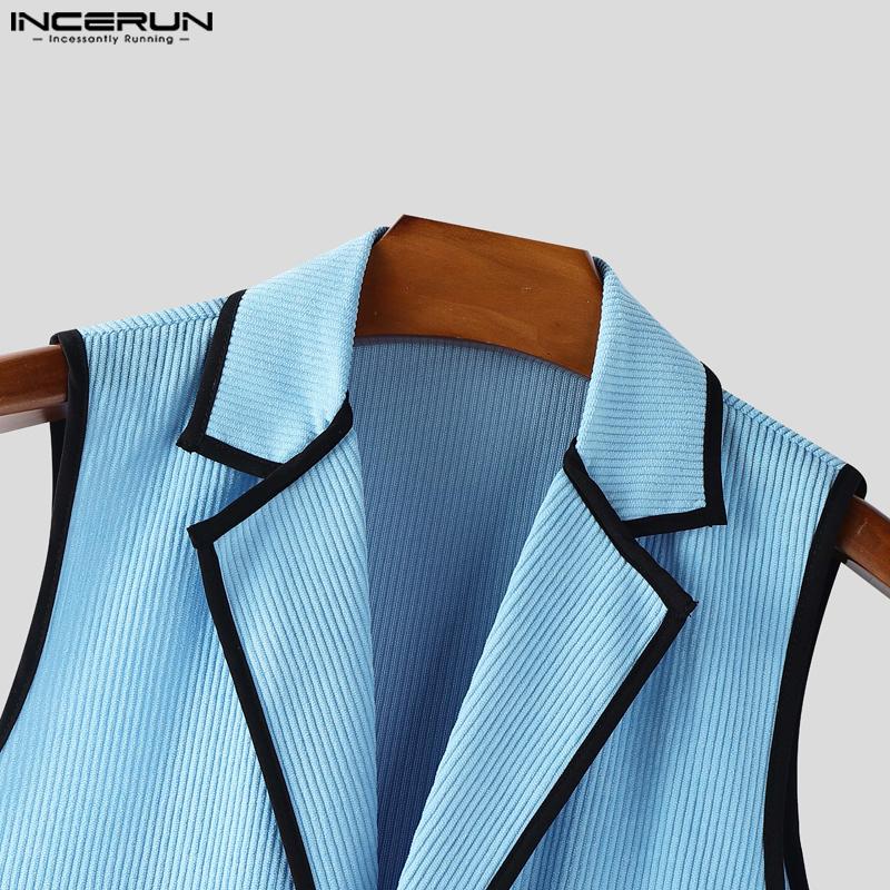 INCERUN Men Lapel Sleeveless Stitching Slim Waist Buttons Up Rib Vest Waistcoat
