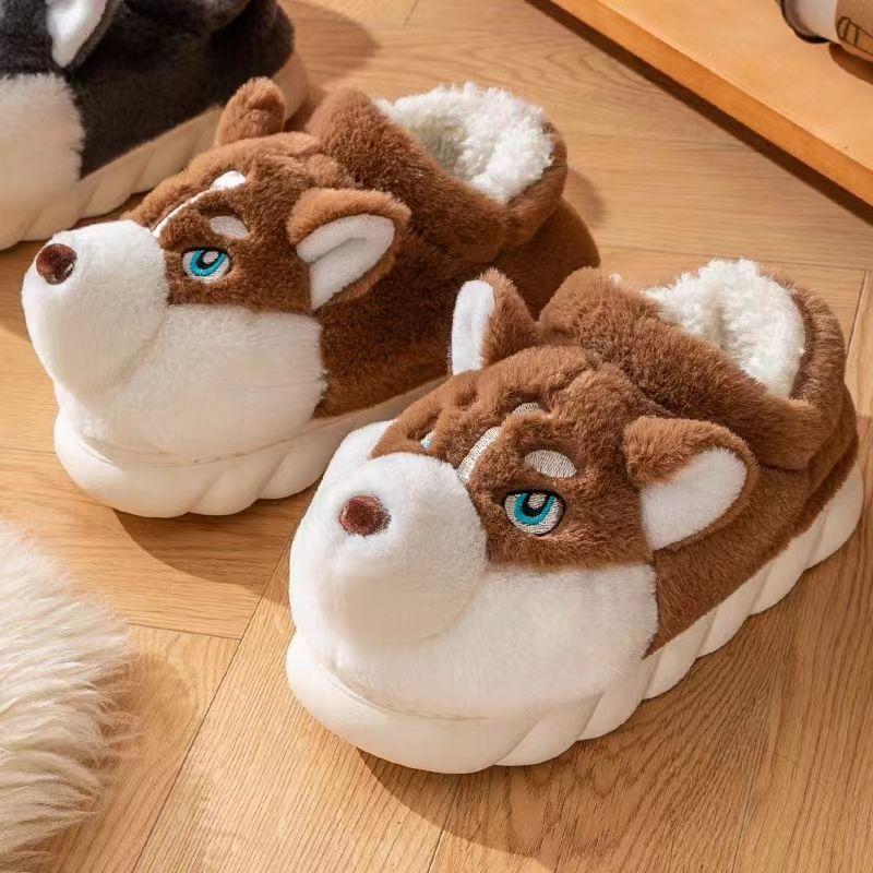 Winter Home Couple Shoes Women's Fluffy Dog Slippers Girl Animal Fur Slides Kawaii Funny Furry Shoes Woman Plush Booties Slipper