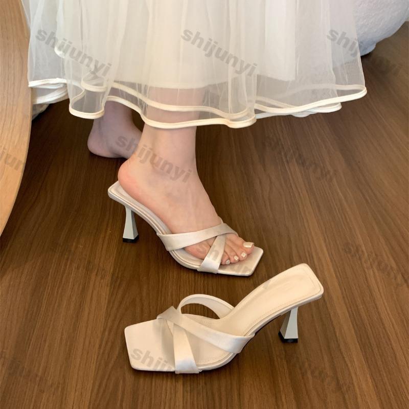 Женские летние сандалии-шлепанцы с открытым носком 2025 Лето Новые босоножки на высоком каблуке Винтажные шпильки Заостренный носок Босоножки на высоком каблуке
