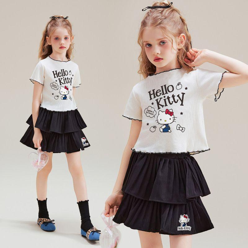 Летний костюм Hello Kitty для девочек 2025 Новый Милый и Прохладный Корейский Стиль Мультяшный Детский Короткий Рукав Юбка Двухсекционный Комплект