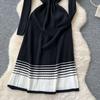 Spring Autumn Women Elegant O-neck Striped Knitted Sweater Long Midi Pullover Dresses