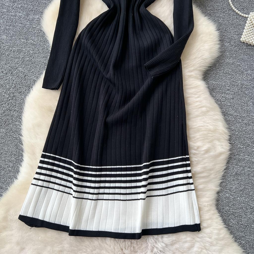 Spring Autumn Women Elegant O-neck Striped Knitted Sweater Long Midi Pullover Dresses