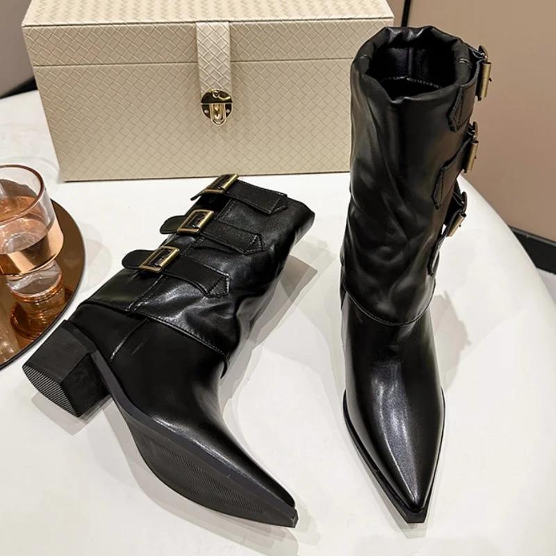 Ботильоны на высоком каблуке женские с острым носком кожаные ботинки челси массивная обувь женская 2024 тренд зимняя готическая обувь для мотоциклистов женские ботинки