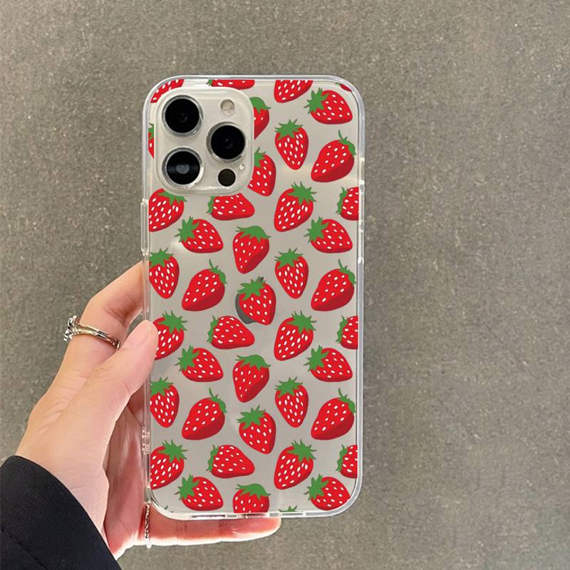 Милый мультяшный чехол-клубничка для iPhone 11 12 13 14 Mini Pro Max XR X XS, прозрачный TPU чехол для 8 7 6 Plus SE 2020