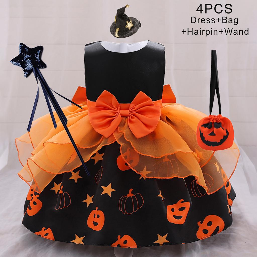 Карнавальный костюм для косплея тыквы для девочек, Vestidos для детей, оранжевые вечерние платья с бантом для девочек, черное платье для выпускного вечера на Хэллоуин с привидением