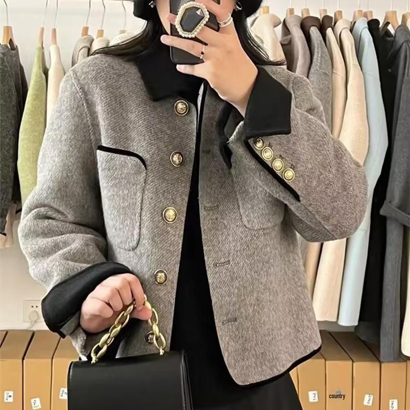 Women's Double-Faced Cashmere Short Coat, New Korean Style, Contrast Color, Small Size, Perfect for Autumn and Winter