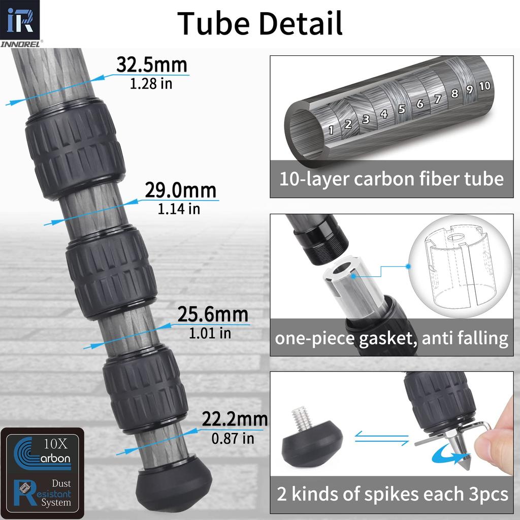 INNOREL RT85C Carbon Fiber 25kg Weight Adjustable 32mm Pipe Ideal for Sports Mountain Outdoor Bird Tripod Bag Included Tripod Tripod, 173cm,