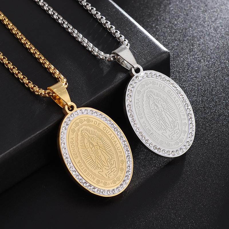 Virgin Mary Medal Pendant Stainless Steel Inlaid Zircon Necklace for Men Women Church Wear Prayer Jewelry Gift