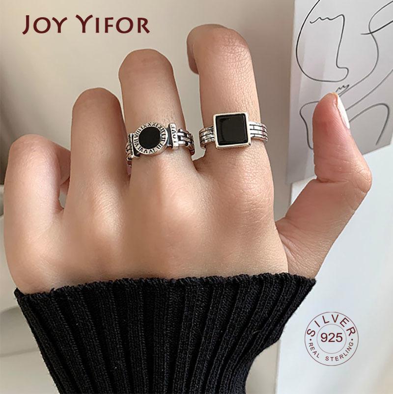 New Trends 925 Sterling Silver Finger Rings Engagement Jewelry For Women Creative Black Circle Party Accessories Gifts