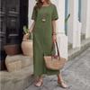 New Summer Cotton and Linen Solid Color Loose Round Neck Short-sleeved Dress for Women