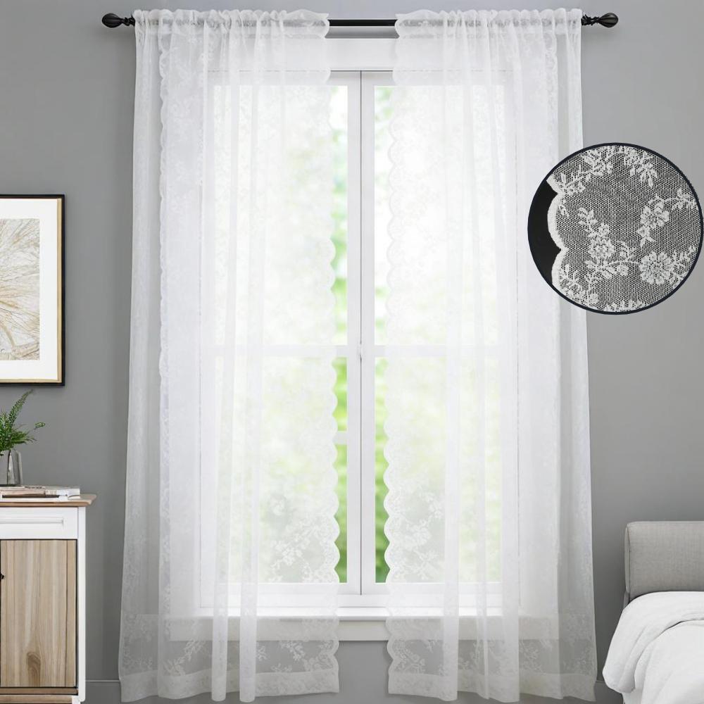 BLACK/WHITE Floral Lace Sheer Rod Pocket Curtain Panel Privacy & Light Filtering Machine Washable Bedroom Home Decor