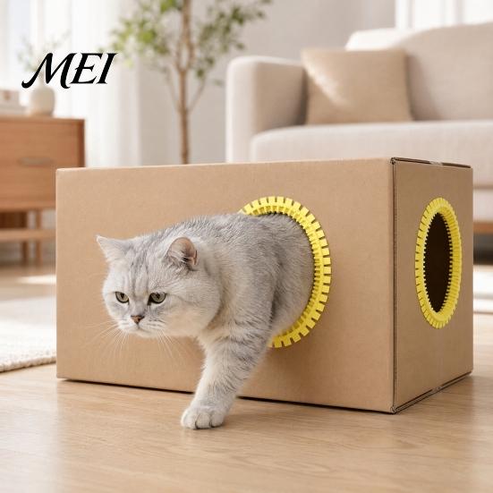 Grooming Tunnel Cat Self Groomer for Cardboard Boxes, DIY Brush Toy Ring, Hands-Free Massage Comb House Door Hole Teeth