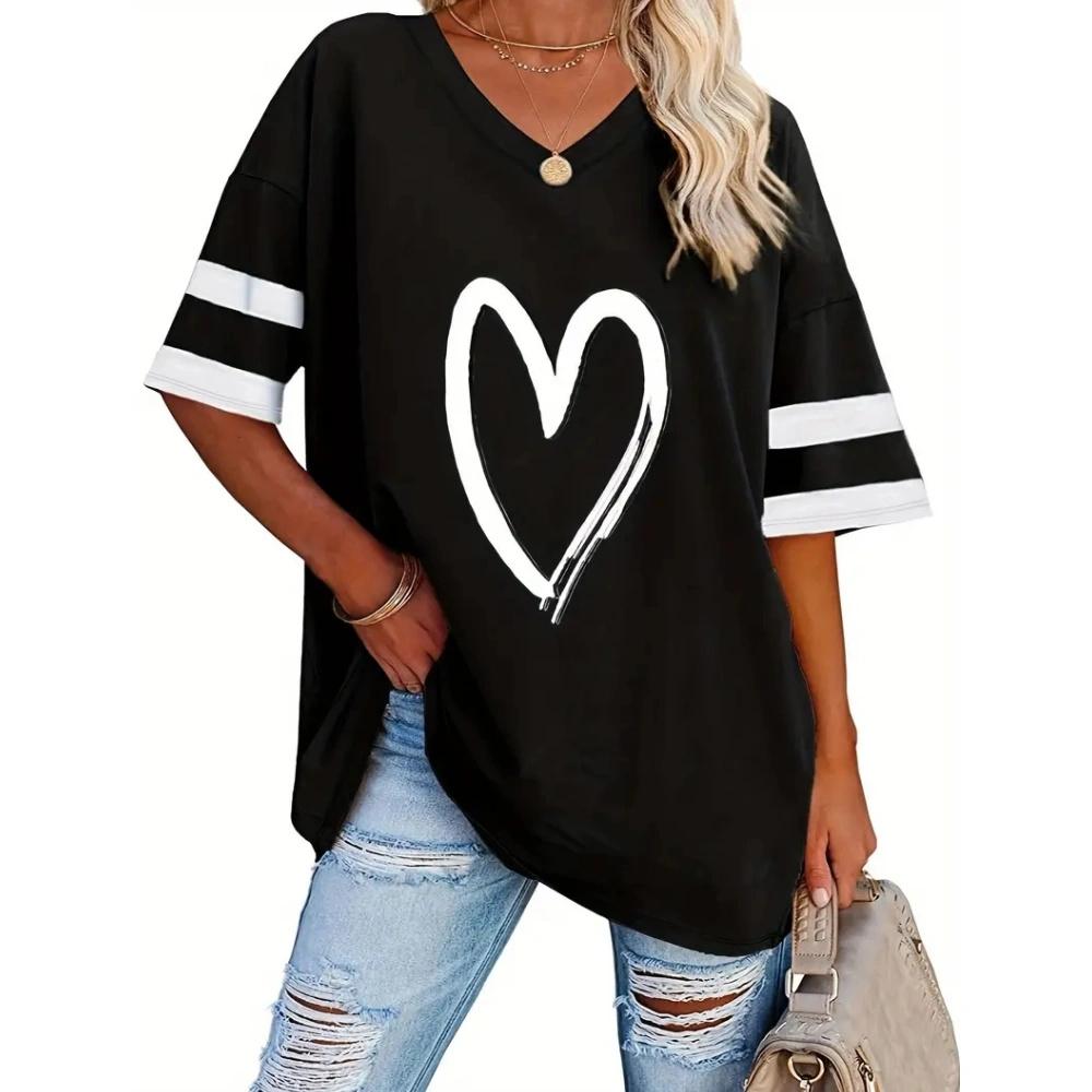 Summer Heart-Shaped 3D Print T-shirt Women Streetwear Casual T Shirts Y2k Tops Woman Harajuku V-Neck Tees Oversized Clothing