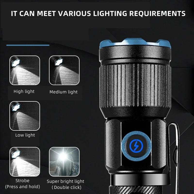 Мини-фонарик с зумом, луч белого света, перезаряжаемый, портативный, для ребенка, для леди, для рюкзака, карманный, для дома, для улицы, магнитный, рабочий, аварийный