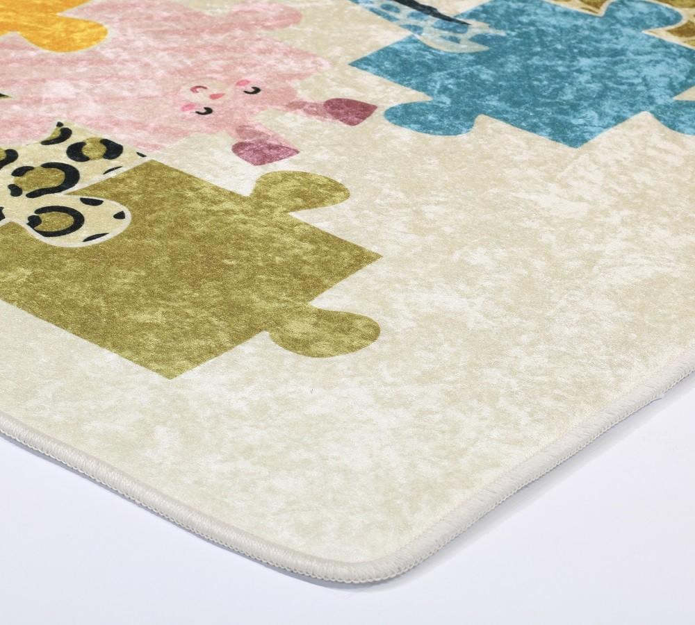 Tapis chambre enfant 80x150 cm Polyester Puzzle Beige