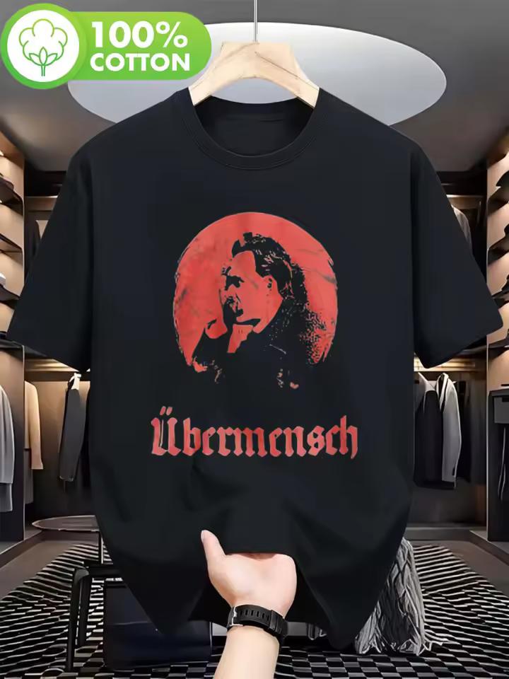 Men's Classic Nietzsche "Übermensch" Philosophy T-Shirt Red with German Text Existentialism Atheist Design Casual Everyday Wear