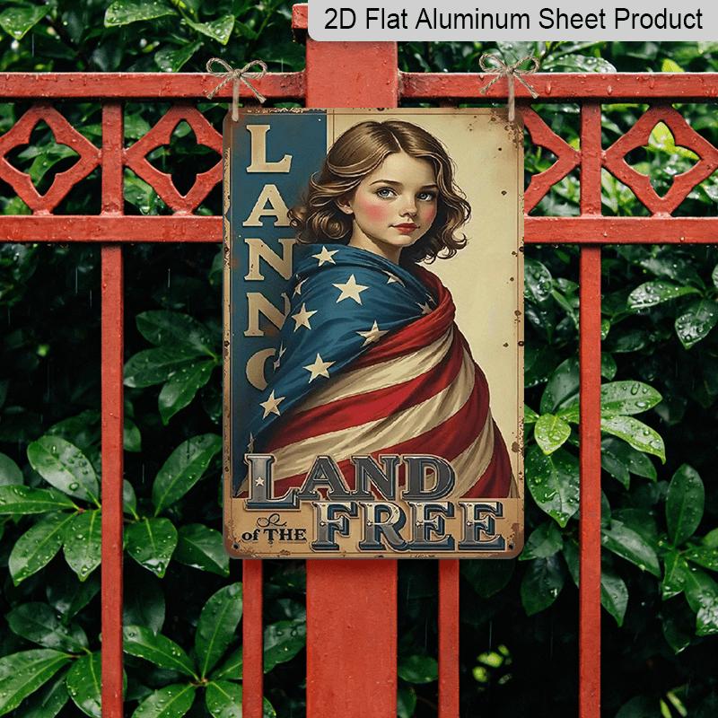 2D Flat, Vintage Patriotic Metal Sign Wall Art - 8x12 Inch Rustic American Flag Design with "Land of The Free" Text, Durable Aluminium Indoor/Outdoor