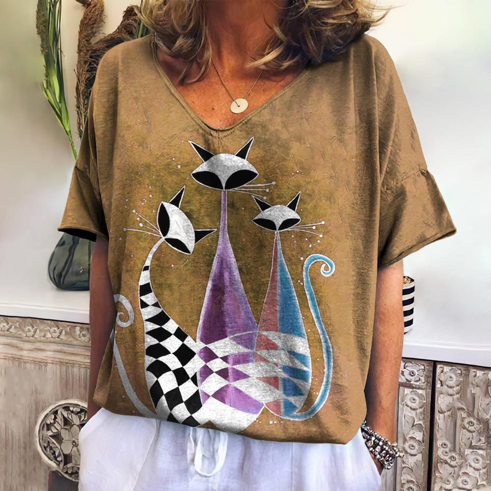 Женская одежда, летняя женская футболка в стиле ретро с рисунком кота, v-образным вырезом и коротким рукавом, повседневная уличная одежда, женская блузка большого размера