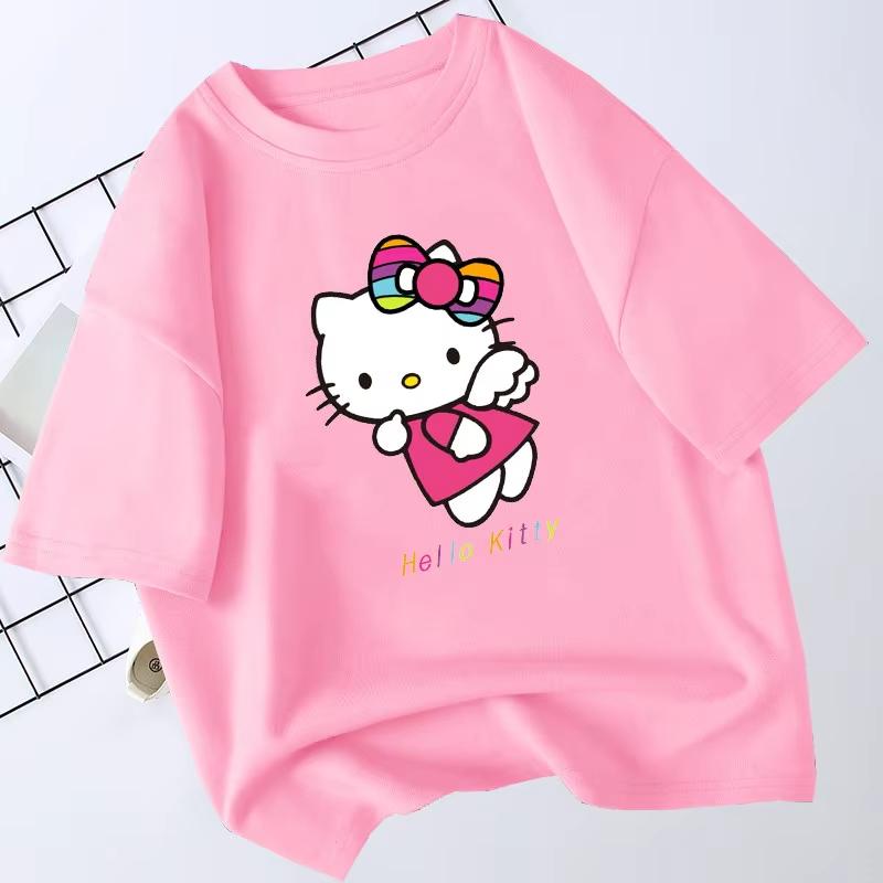 Летняя футболка с мультяшным принтом HelloKitty 2026 года, повседневная хлопковая футболка с коротким рукавом для взрослых и детей, милый кавайный стиль streetwear