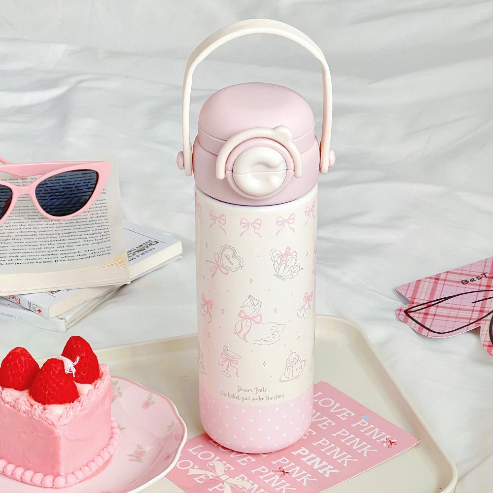 Очаровательная мультяшная термокружка: Портативный, удобный для использования в школе, из нержавеющей стали с откидной крышкой и двойной трубочкой для питья