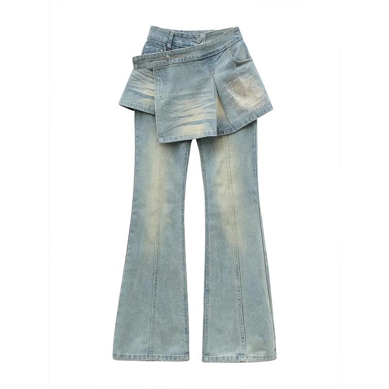 Design sense niche fake two-piece splicing micro-pull jeans women's summer new high-waisted slim-fitting and thin versatile long pants