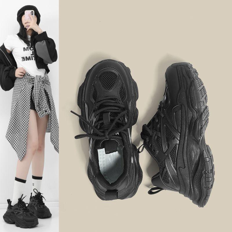 Черные кроссовки в стиле "dad shoes" с мягкой подошвой 22, новая осенняя коллекция, толстая подошва, увеличивающие рост, повседневные спортивные туфли