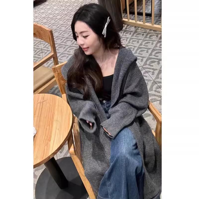 Korean Style Hooded Knit Cardigan: Long, Loose, Slimming Outerwear for Spring/Summer
