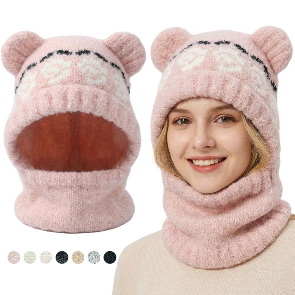Cold-proof Bear Ears Knit Hat Slouchy Plush Beanie Cap Soft Ear Protection Hat Cold Weather