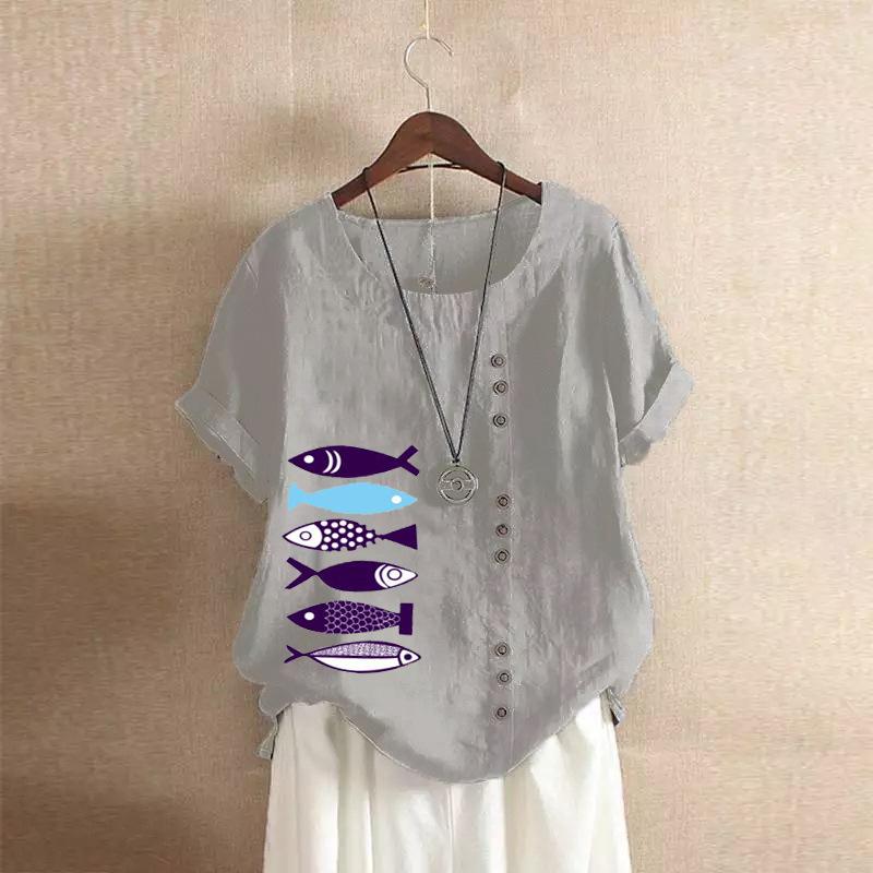 2025 Хлопковая женская одежда с ретро-узором в виде рыбки, повседневная свободная футболка из хлопка и льна с короткими рукавами, женская одежда, большой размер