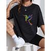 White T-Shirt With Colorful Hummingbird Print For Casual Wear