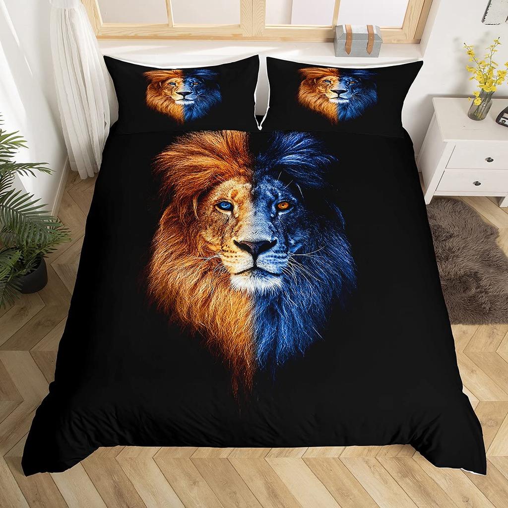 Lion Rose Duvet Cover Sets King Size Animal Floral Print Polyester Comforter Cover Nature Theme Bedding Set for Kids Adult Teens