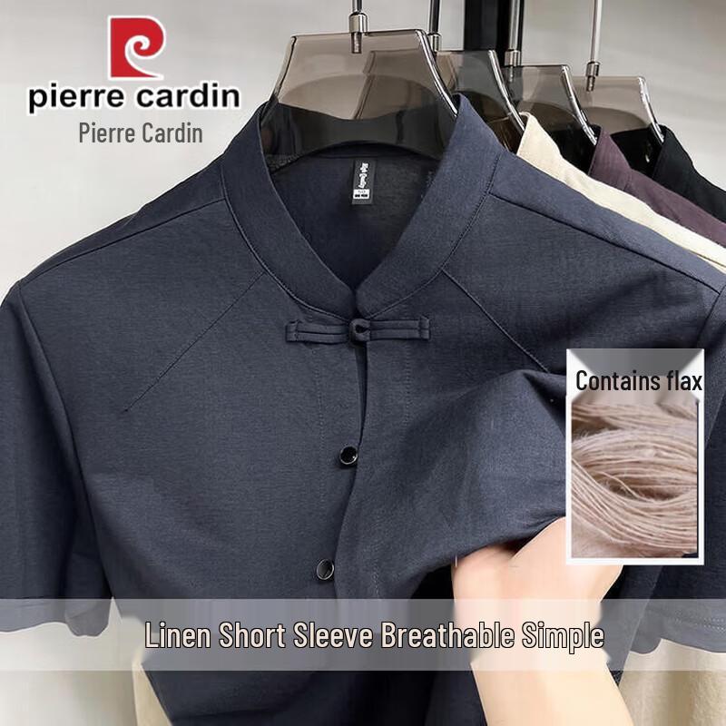 Pierre Cardin Мужская новая китайская рубашка с коротким рукавом, воротником-стойкой, из смешанной хлопково-льняной ткани