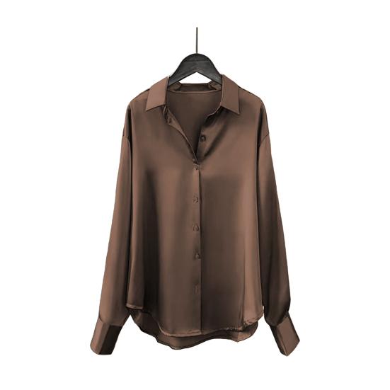 Женская рубашка с лацканами, длинный рукав, однобортная рубашка, однотонная, гладкая, атласная, свободного кроя, повседневная рубашка