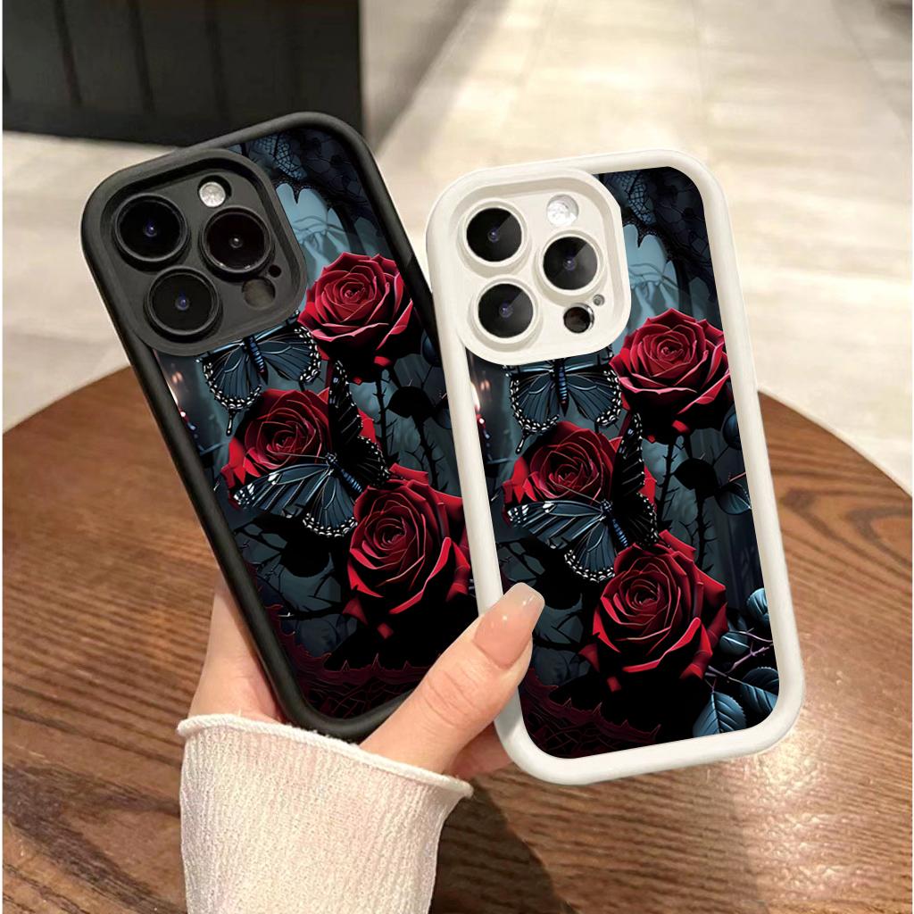 Чехол для телефона в темном стиле с красной розой и бабочкой для серии iPhone 17 16 15 14 13 12 11 Pro Max Plus Двухслойная защита