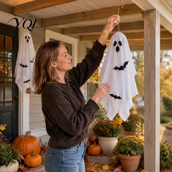Outdoor Yard Party Props 3Pcs Hanging Ghost Bats LED Light, Halloween Fabric Spooky Bat Silhouette Pendants for Porch Indoor Decor, Festival