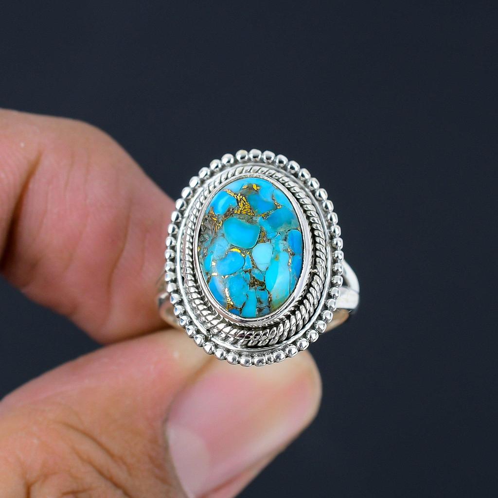 Натуральная медь, бирюза, твердое серебро 925 пробы, бисер, разделенный хвостовик, массивное кольцо, ювелирные изделия для женщин и девочек