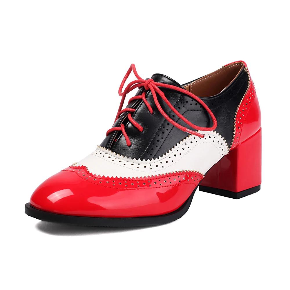 Винтажные повседневные туфли на шнуровке для женщин, модные туфли-лодочки смешанных цветов, женские туфли из искусственной кожи на высоком каблуке, одинарная обувь большого размера 34-46