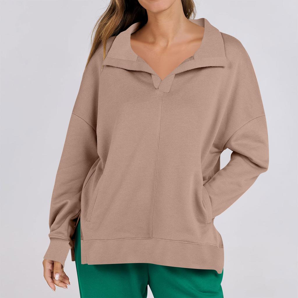 Женская мода повседневная однотонная толстовка с V-образным вырезом и карманом, с длинным рукавом