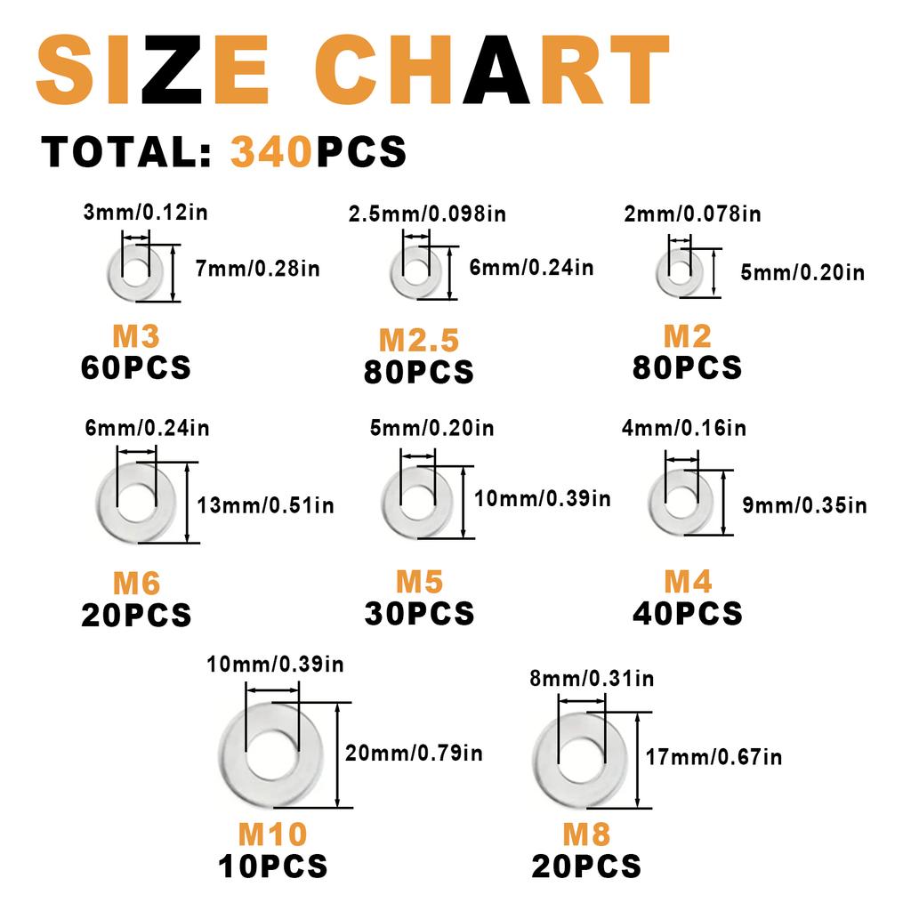 Комплект из 340 плоских шайб из нержавеющей стали марки 304, M2-M2.5-M3-M4-M5-M6-M8-M10.